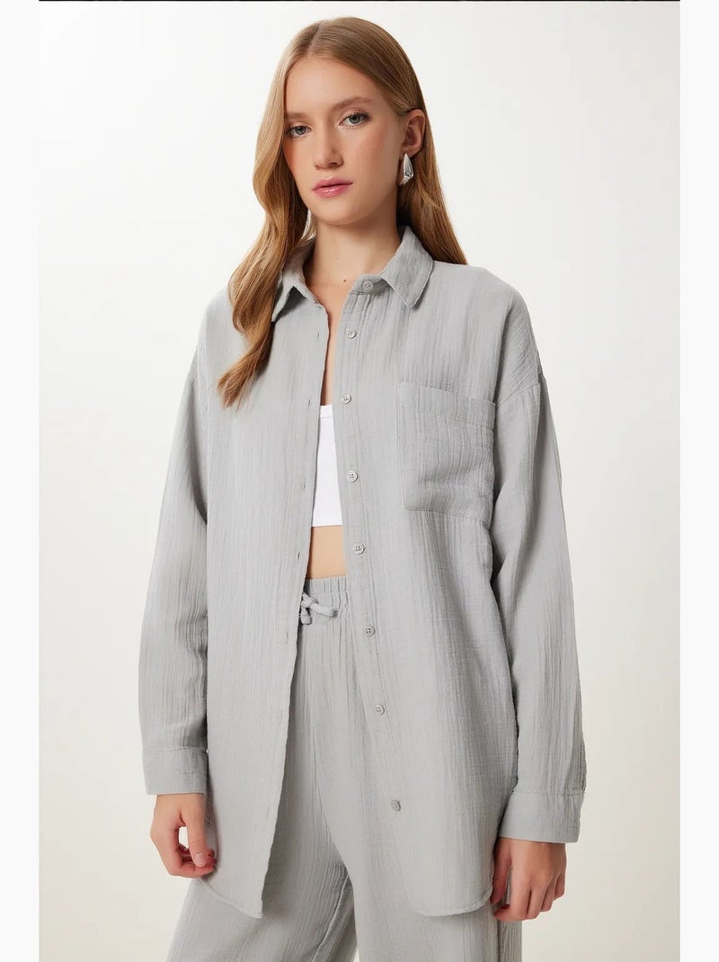 Completo coordinato due pezzi a vita alta con gamba ampia e collo a camicia istanbul Grigio - Kiabi
