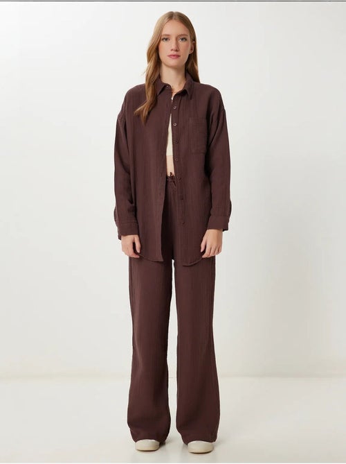 Completo coordinato due pezzi a vita alta con gamba ampia e collo a camicia istanbul - Kiabi
