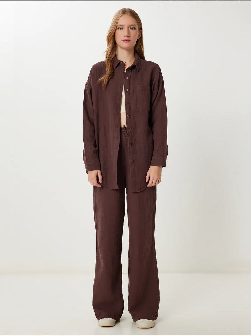 Completo coordinato due pezzi a vita alta con gamba ampia e collo a camicia istanbul Marrone scuro - Kiabi