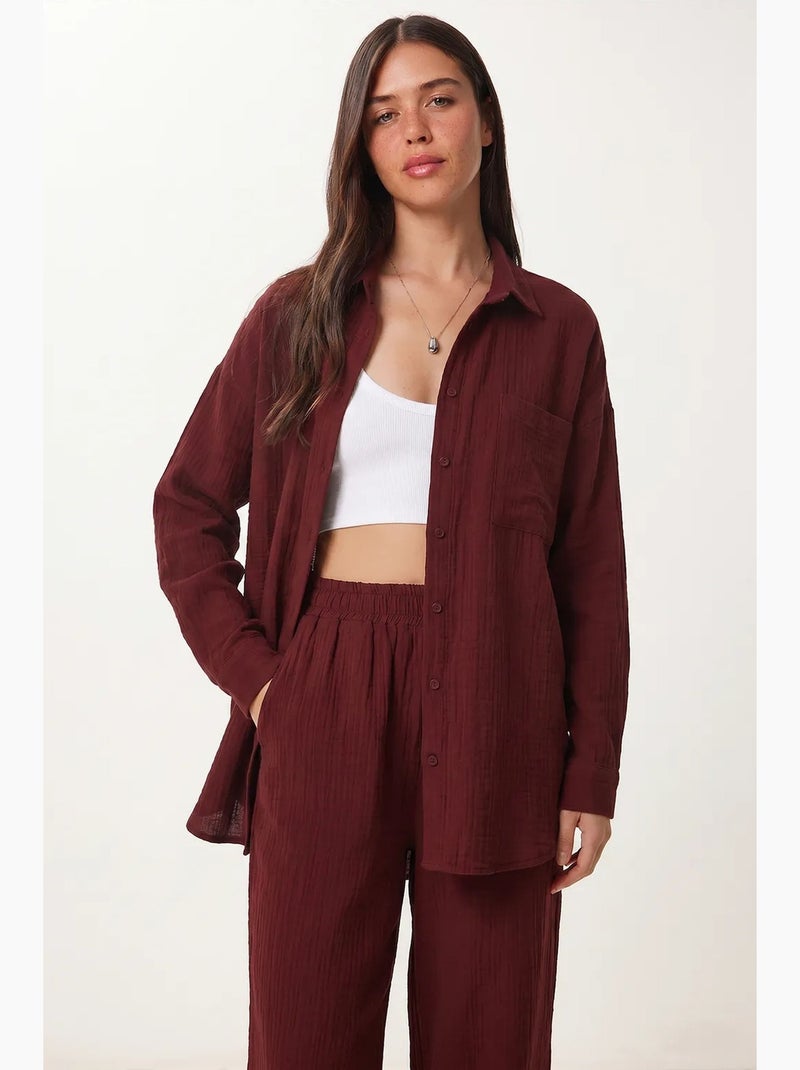 Completo coordinato due pezzi a vita alta con gamba ampia e collo a camicia istanbul Rosso bordeaux - Kiabi