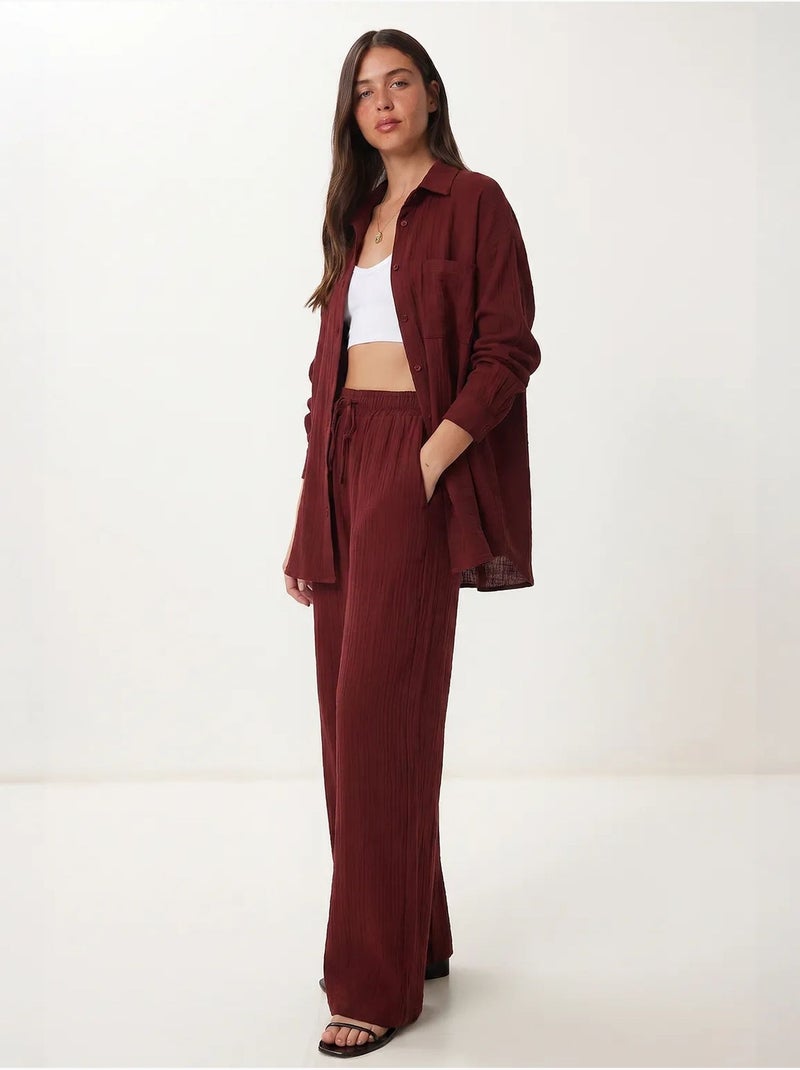 Completo coordinato due pezzi a vita alta con gamba ampia e collo a camicia istanbul Rosso bordeaux - Kiabi