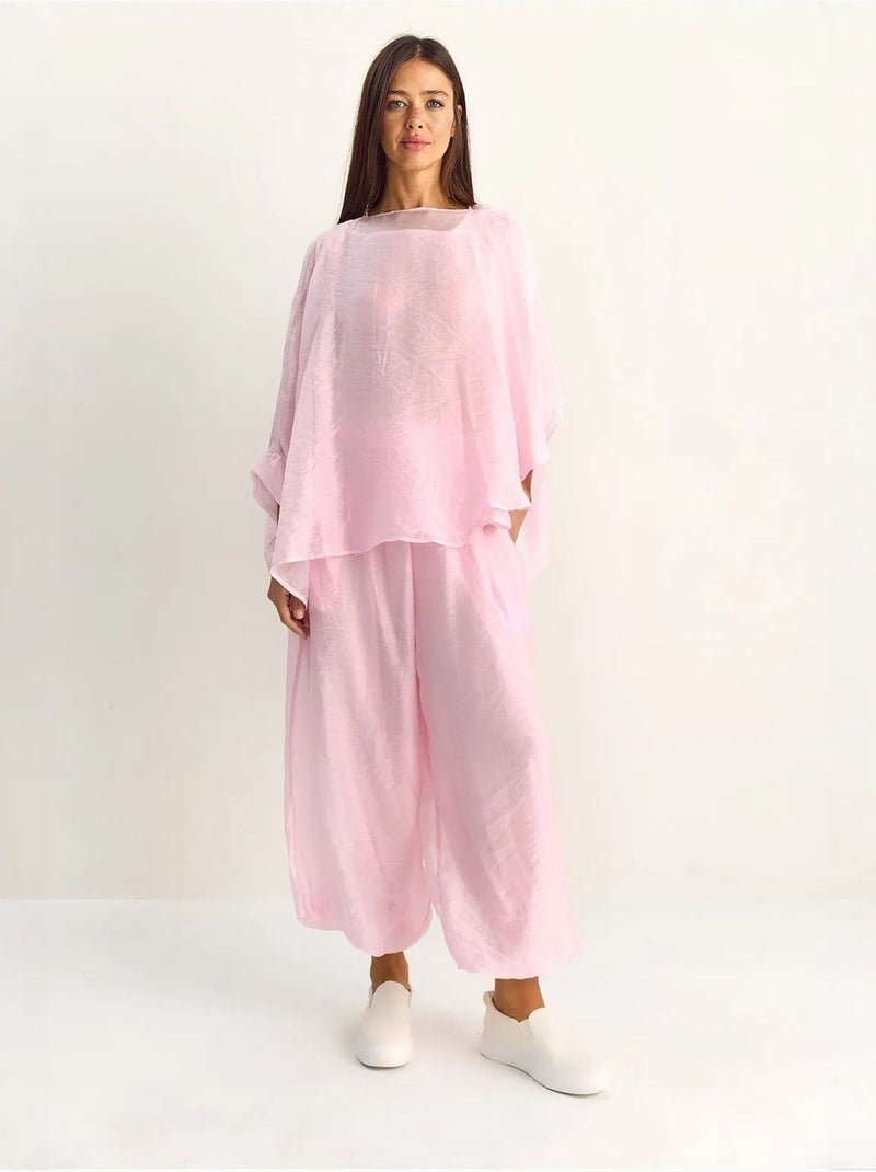 Completo coordinato due pezzi a vita alta con gamba larga lucci Rosa pallido - Kiabi