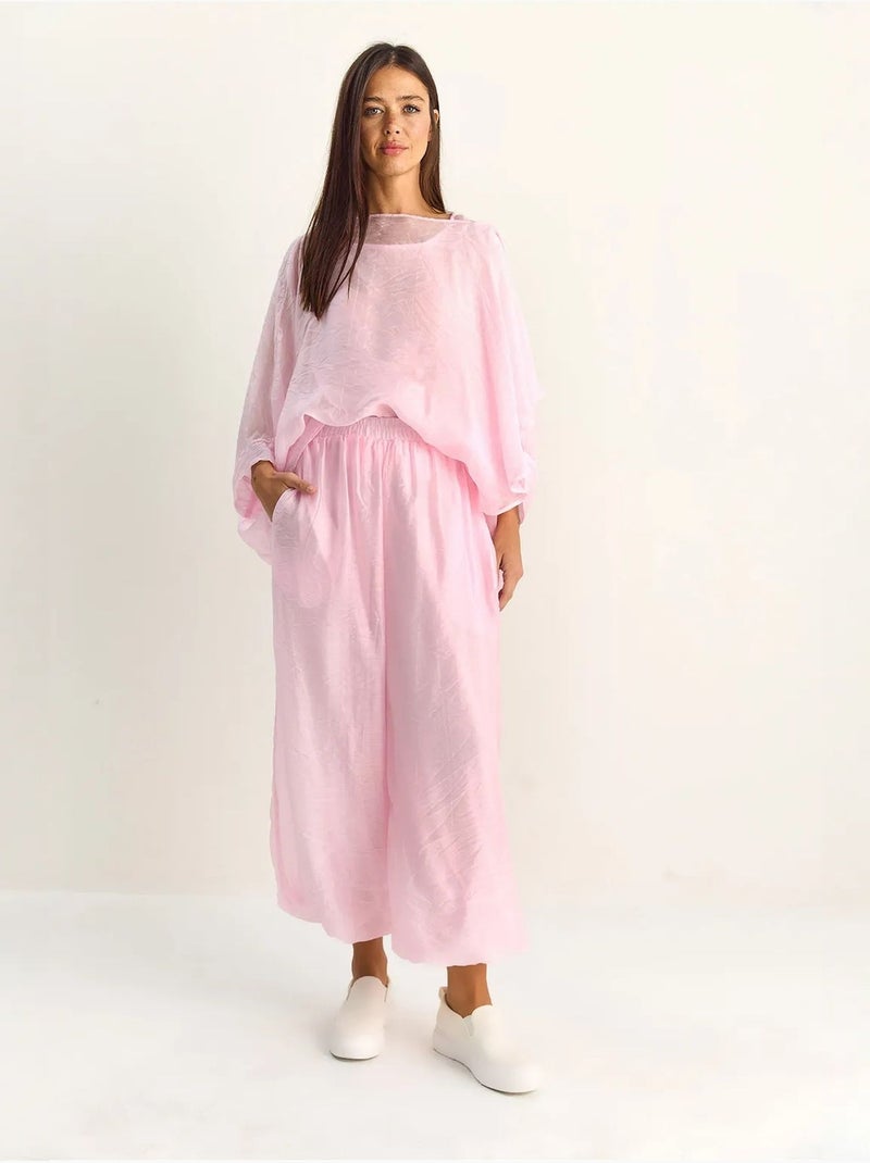 Completo coordinato due pezzi a vita alta con gamba larga lucci Rosa pallido - Kiabi
