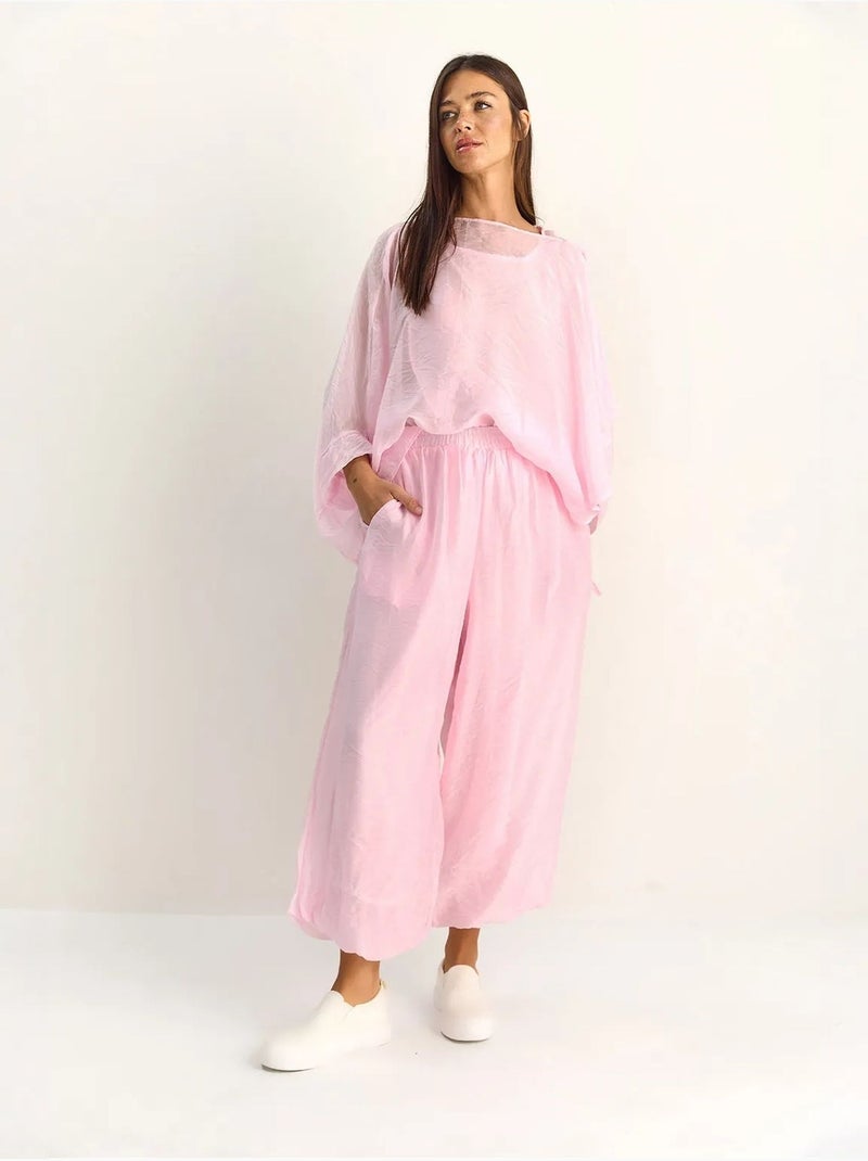 Completo coordinato due pezzi a vita alta con gamba larga lucci Rosa pallido - Kiabi