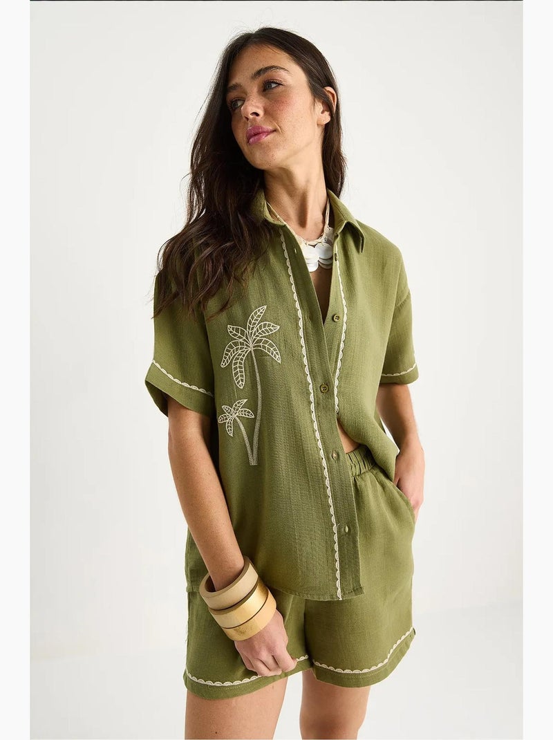 Completo coordinato in cotone ricamato a due pezzi con colletto da camicia lucci Verde - Kiabi