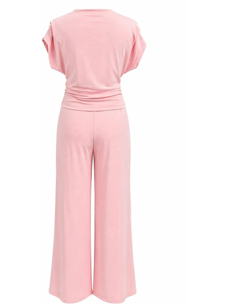 Completo coordinato in maglia a vita alta con gamba larga e scollo a barca mixray Rosa pallido - Kiabi