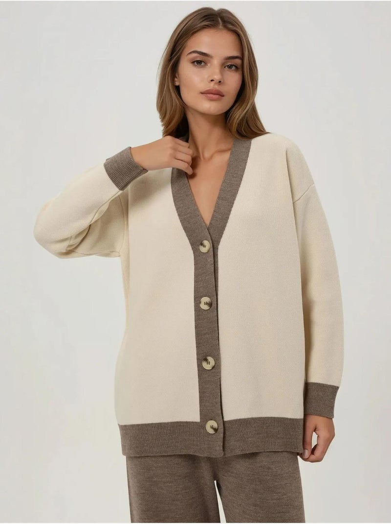 Completo coordinato in maglia a vita alta testurizzata con colletto con bottoni hiccup Crema - Kiabi