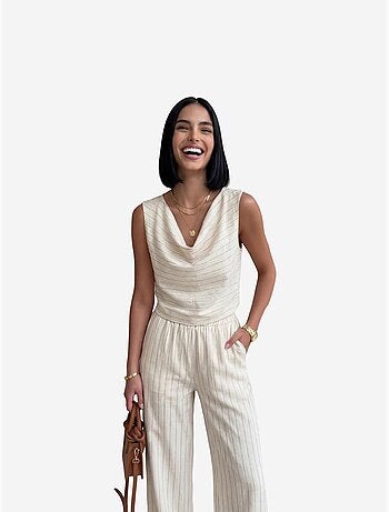 Completo due pezzi a righe con vita alta e scollo a cappuccio my fashion