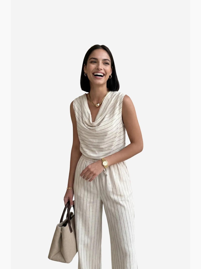 Completo due pezzi a righe con vita alta e scollo a cappuccio my fashion Beige - Kiabi