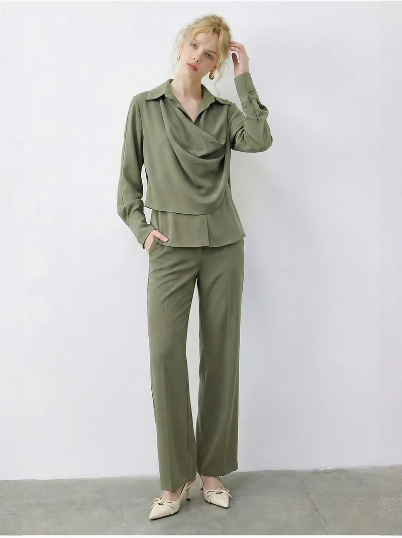 Completo due pezzi a vita alta e gamba larga con colletto a camicia lucci Verde kaki - Kiabi