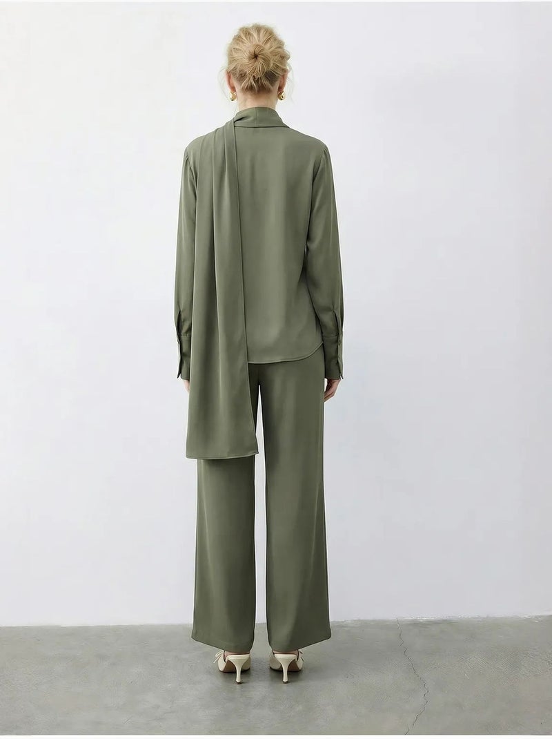 Completo due pezzi a vita alta e gamba larga con colletto a camicia lucci Verde kaki - Kiabi