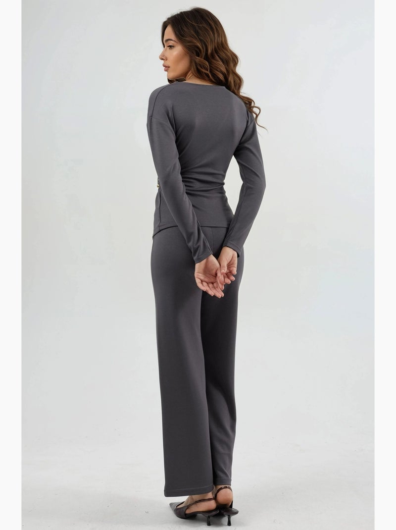 Completo due pezzi con camicetta e pantaloni con dettagli accessorio, hiccup Grigio - Kiabi