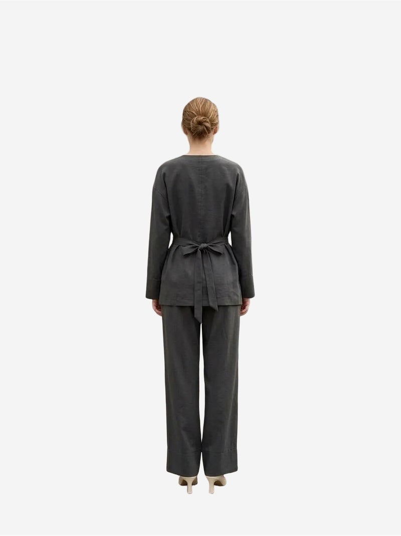 Completo due pezzi con cintura, scollo a v e maniche lunghe my fashion Grigio nero - Kiabi
