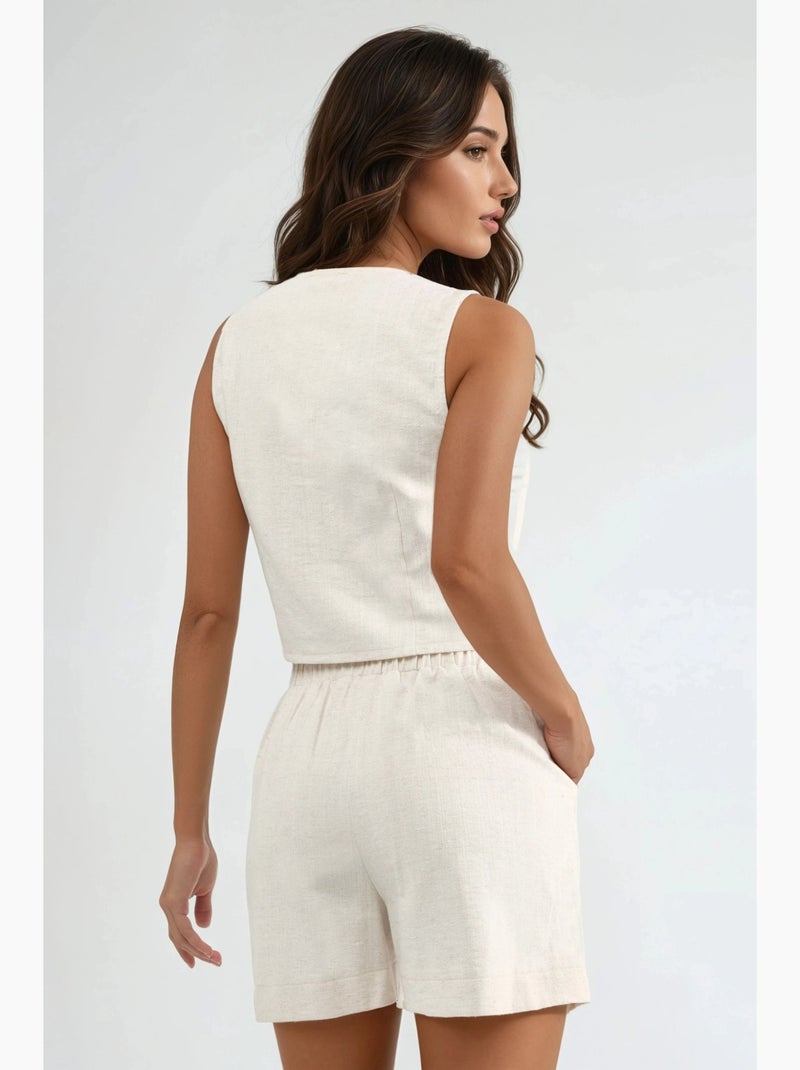 Completo due pezzi con gilet e shorts in misto lino hiccup Avorio - Kiabi