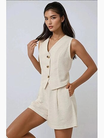 Completo due pezzi corto con gilet in lino con scollo a v hiccup