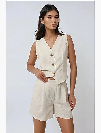 Completo due pezzi corto con gilet in lino con scollo a v hiccup