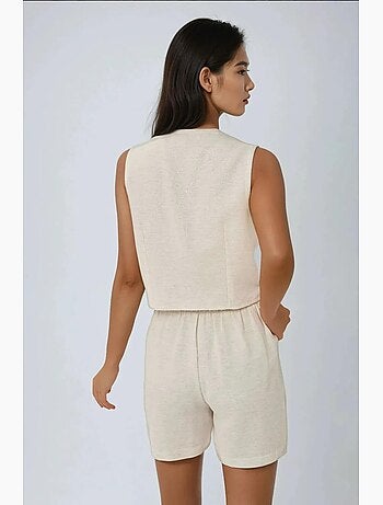 Completo due pezzi corto con gilet in lino con scollo a v hiccup