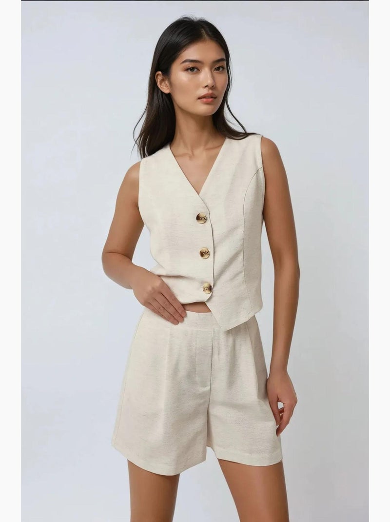 Completo due pezzi corto con gilet in lino con scollo a v hiccup Avorio - Kiabi