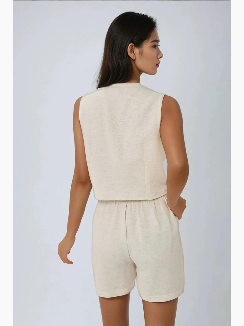 Completo due pezzi corto con gilet in lino con scollo a v hiccup Avorio - Kiabi