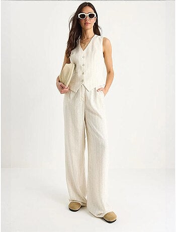 Completo due pezzi in lino con gilet a righe e pantaloni palazzo lucci