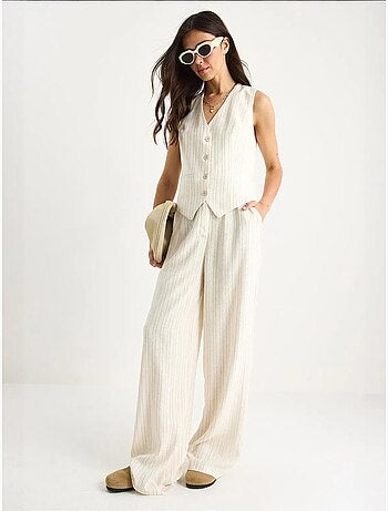 Completo due pezzi in lino con gilet a righe e pantaloni palazzo lucci
