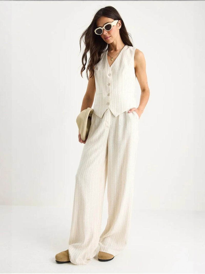 Completo due pezzi in lino con gilet a righe e pantaloni palazzo lucci Beige argilla - Kiabi