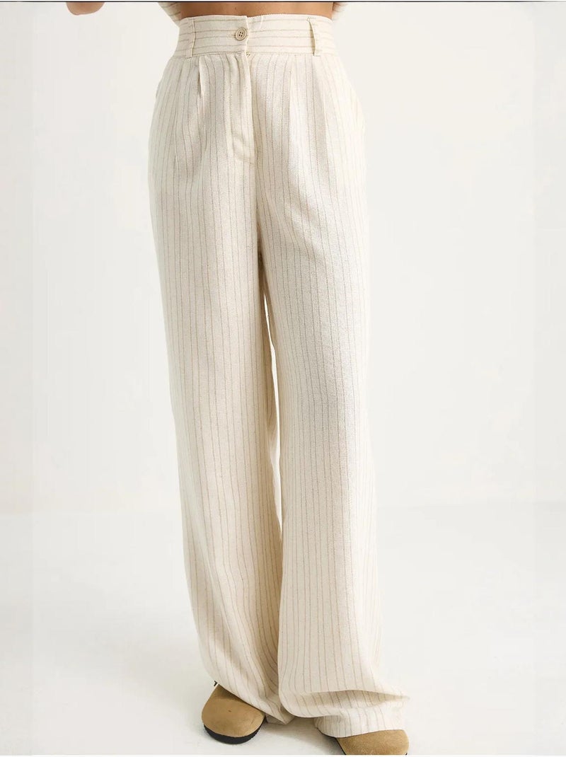 Completo due pezzi in lino con gilet a righe e pantaloni palazzo lucci Beige argilla - Kiabi