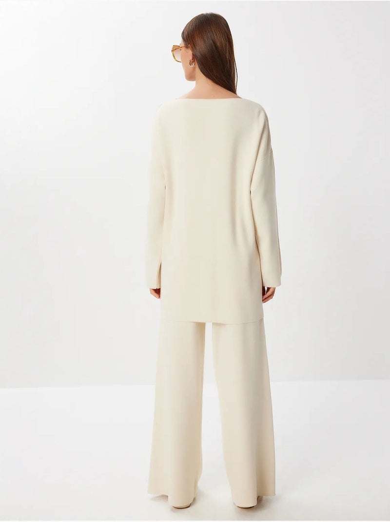 Completo due pezzi in maglia con scollo a v e dettaglio a nodo oversize, istanbul Sabbia - Kiabi