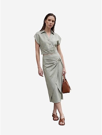 Completo due pezzi in misto lino a vita alta con colletto a camicia my fashion