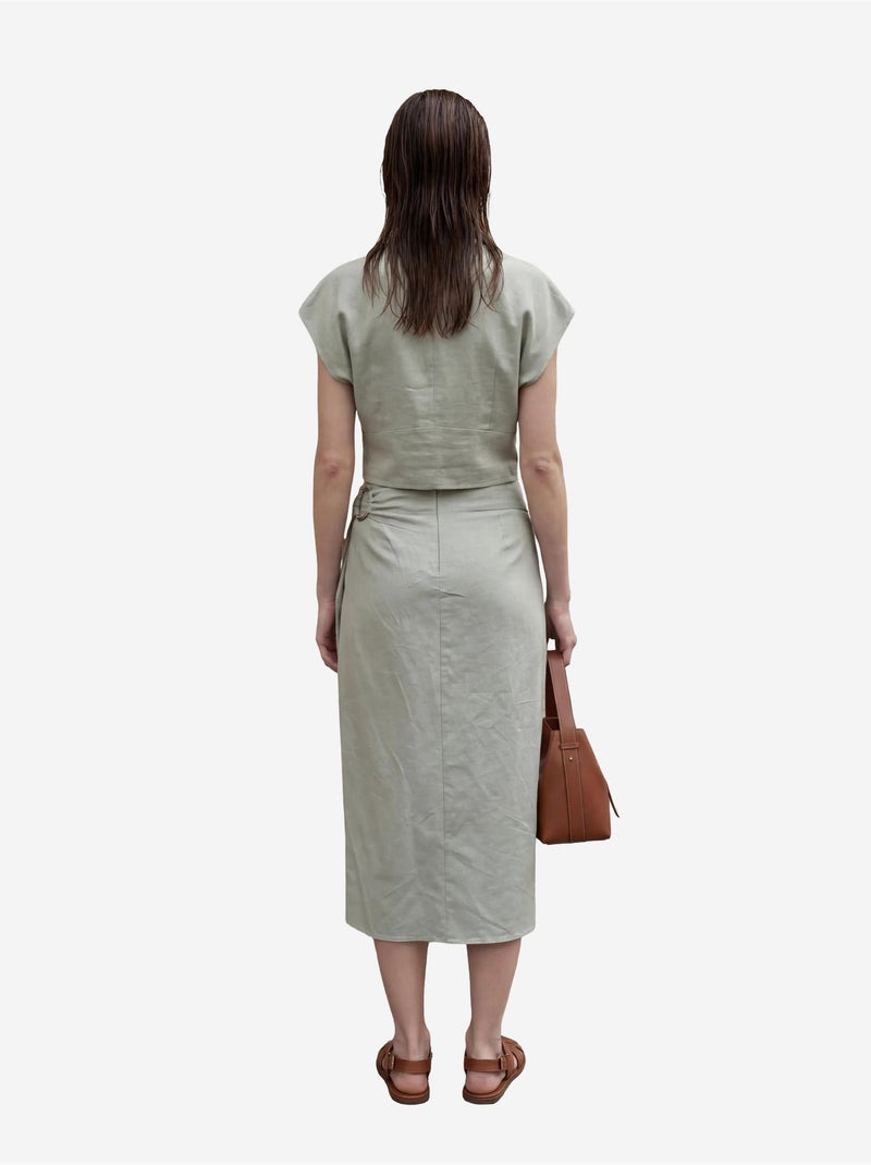 Completo due pezzi in misto lino a vita alta con colletto a camicia my fashion Verde pastello - Kiabi