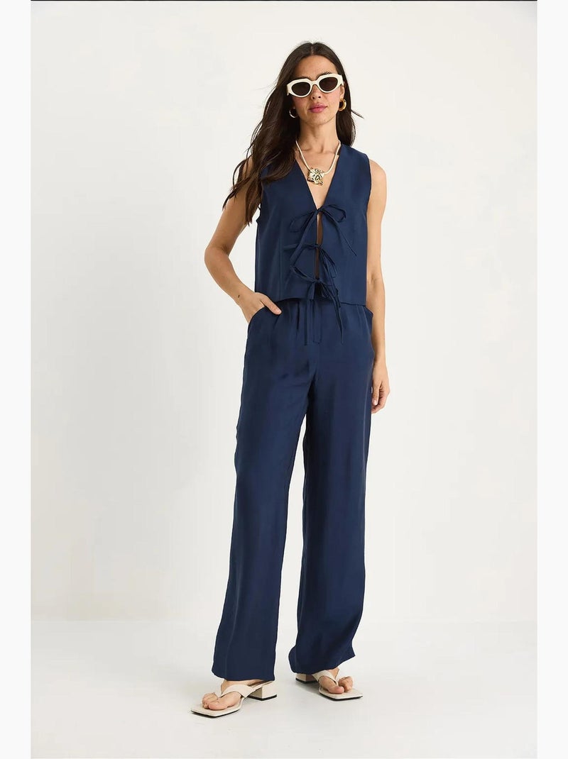 Completo due pezzi in modal con gilet annodato in vita e pantaloni larghi a vita alta bianco lucci Blu marino - Kiabi