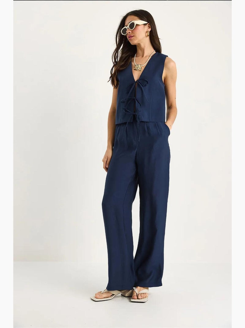 Completo due pezzi in modal con gilet annodato in vita e pantaloni larghi a vita alta bianco lucci Blu marino - Kiabi