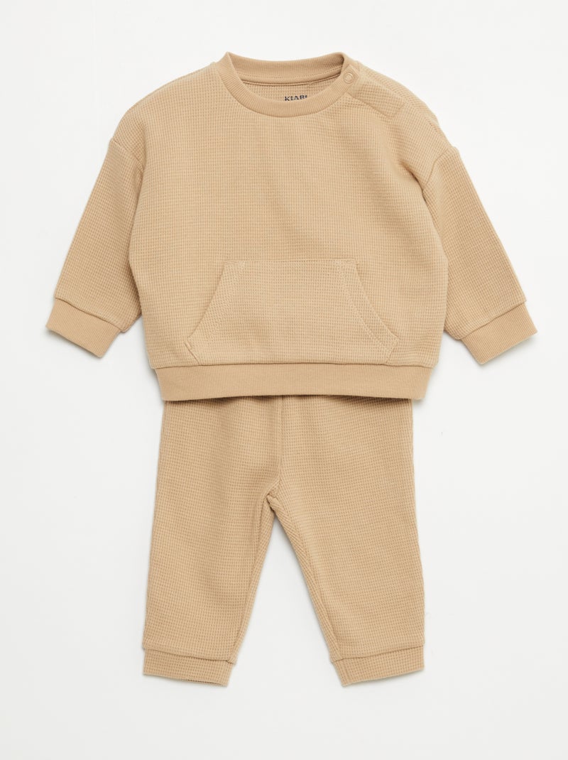 Completo felpa + pantaloni in tessuto a nido d'ape - 2 pezzi Beige - Kiabi
