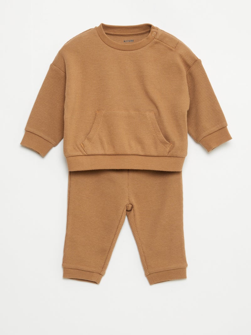 Completo felpa + pantaloni in tessuto a nido d'ape - 2 pezzi Beige - Kiabi