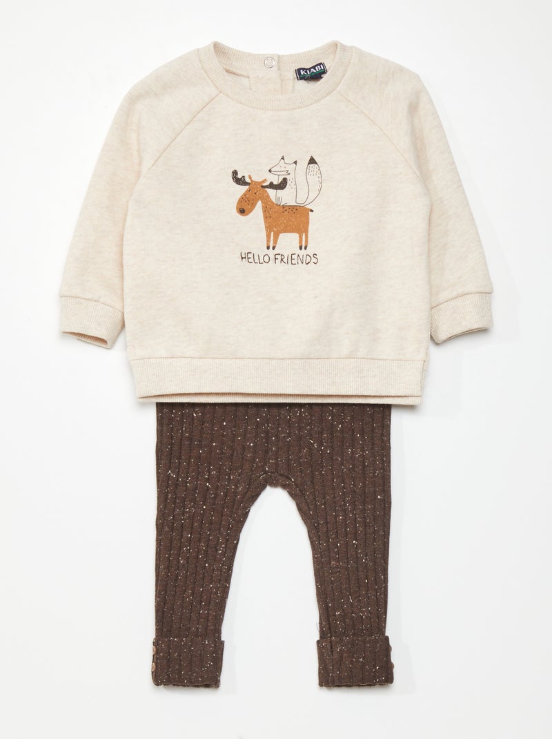 Completo felpa stampata + leggings a coste BEIGE - Kiabi