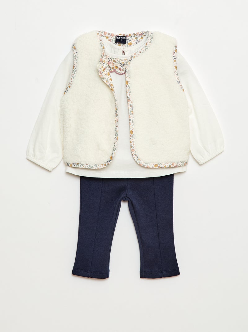Completo gilet effetto montone + t-shirt + leggings - 3 pezzi Bianco - Kiabi