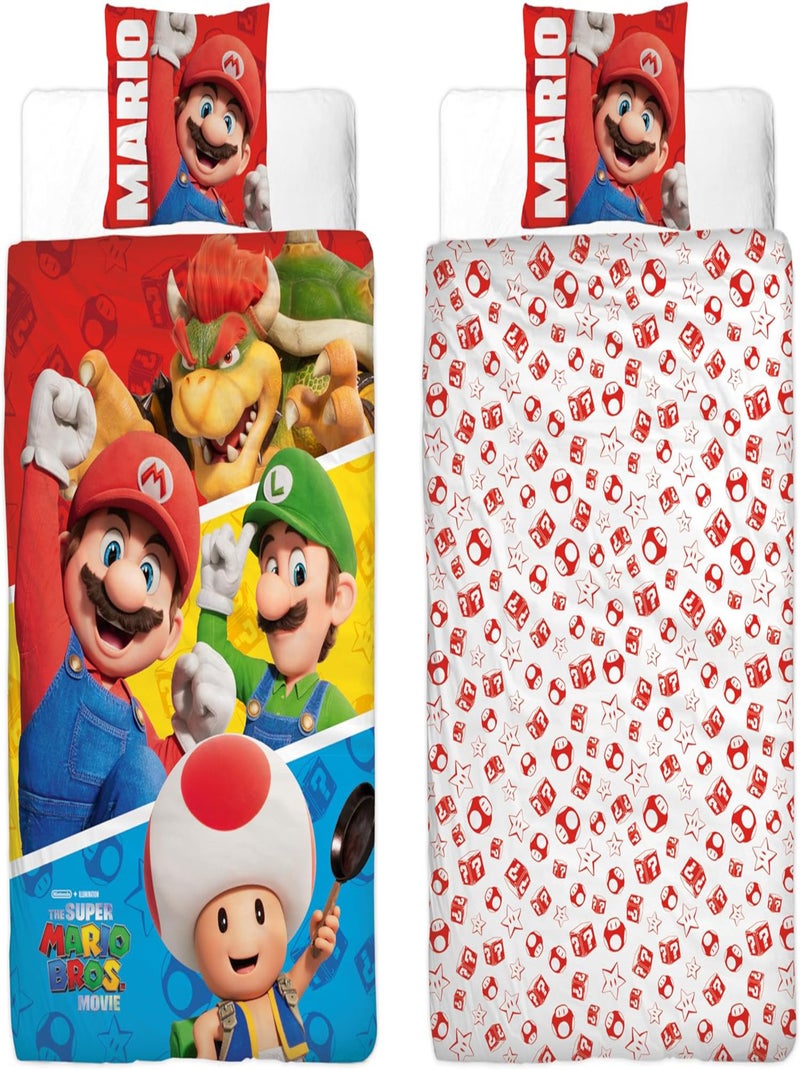 Completo Letto Bambino Mario, Microfibra Oeko-Tex, Reversibile, Letto Singolo, LUIGI e TOAD Blu - Kiabi