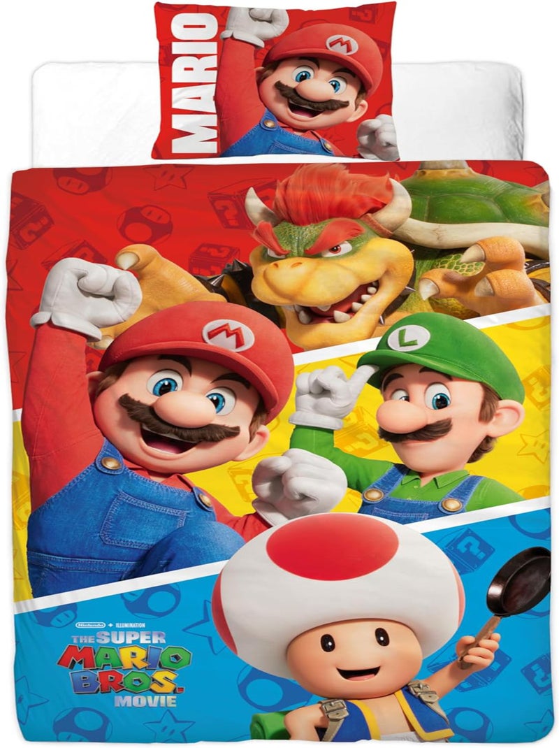 Completo Letto Bambino Mario, Microfibra Oeko-Tex, Reversibile, Letto Singolo, LUIGI e TOAD Blu - Kiabi