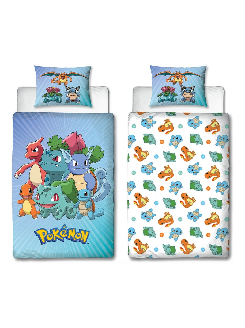 Completo Letto Bambino Pokémon, Microfibra Oeko?Tex, Stampa Reversibile, Singolo, STARTER Blu - Kiabi