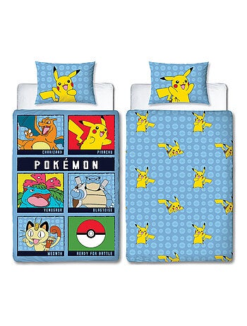 Completo letto bambino stampato e reversibile Pokémon BATTLE, copripiumino 140x200 cm