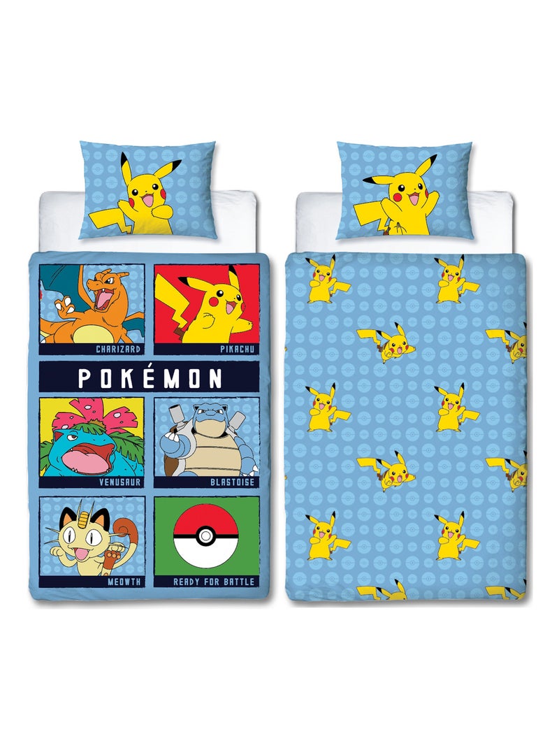 Completo letto bambino stampato e reversibile Pokémon BATTLE, copripiumino 140x200 cm Blu - Kiabi