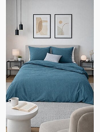 Completo letto in cotone e lino lavato tinta unita