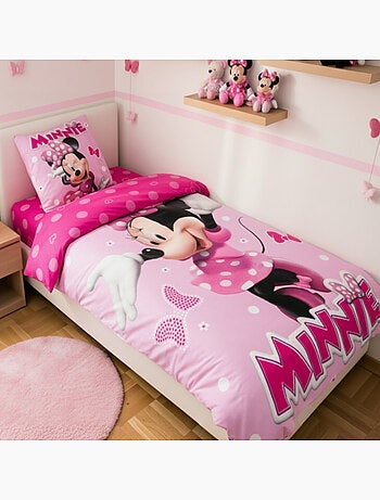 Completo letto Minnie Disney per bambini, 100% cotone Oeko-Tex, letto singolo, rosa (PINK)