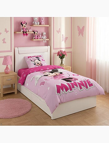 Completo letto Minnie Disney per bambini, 100% cotone Oeko-Tex, letto singolo, rosa (PINK)