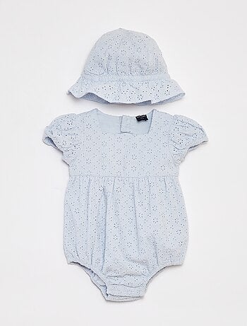 Completo pagliaccetto + cappellino bob in ricamo inglese - 2 pezzi