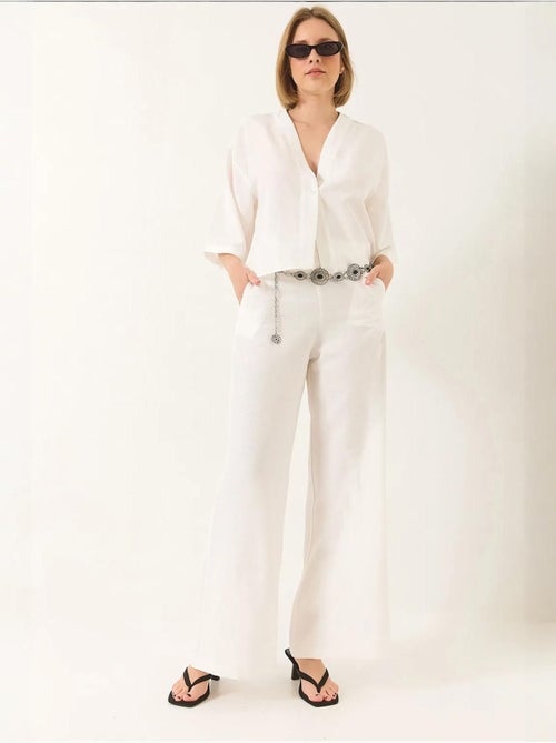 Completo pantaloni palazzo kimono in lino con maniche a pipistrello e scollo a v lucci - Kiabi