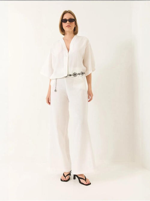 Completo pantaloni palazzo kimono in lino con maniche a pipistrello e scollo a v lucci - Kiabi