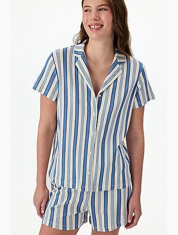 Completo pigiama a righe in pointelle con camicia a maniche corte e shorts penti