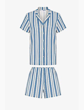 Completo pigiama a righe in pointelle con camicia a maniche corte e shorts penti