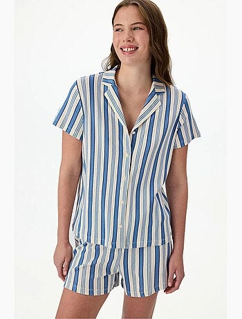 Completo pigiama a righe in pointelle con camicia a maniche corte e shorts penti